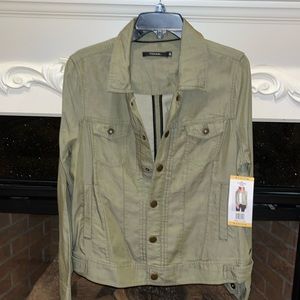 Tahari Tencel Denim Look Jacket Snaps Olive Green New Womens Medium Lightweight